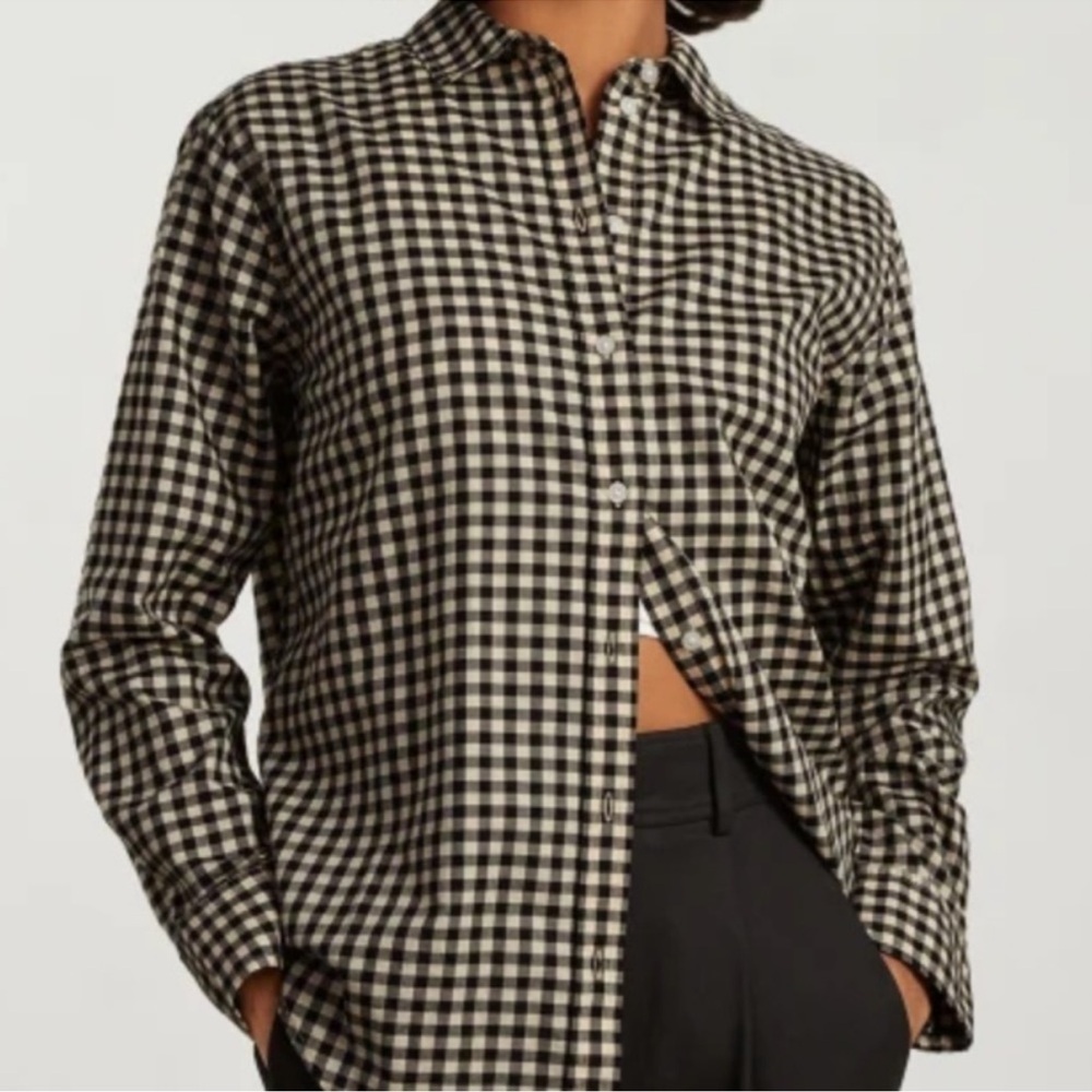 Sandro Gingham Button Down Flannel Shirt Black Cream Color